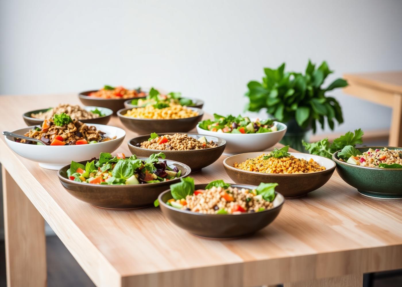 Catering spread of salads and grain bowls on a long wood table